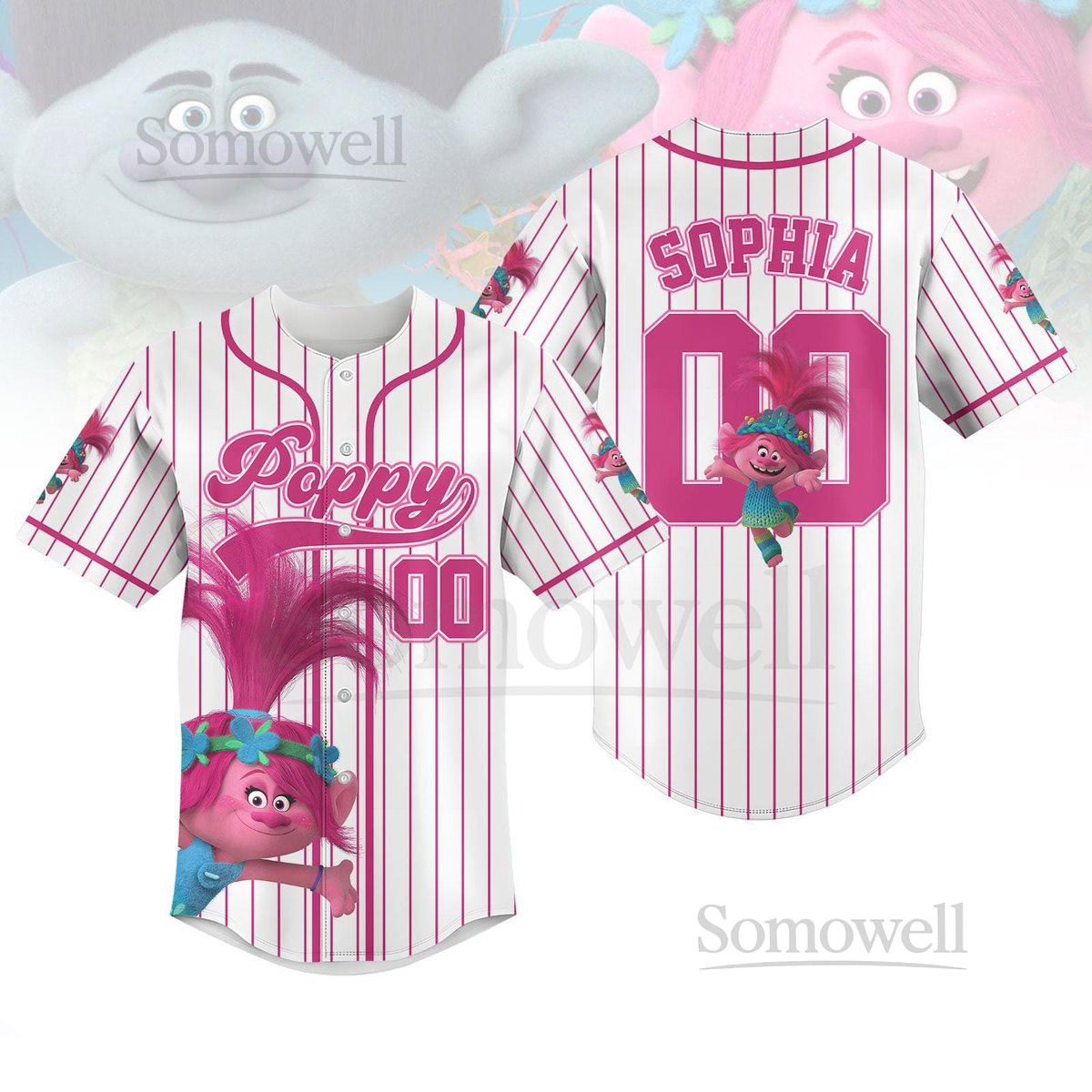 Custom Disney Trolls Poppy Striped Line Baseball Jersey Poppy Baseball Shirt For Kid Adult Disneyland Shirt Disney World Jersey_16