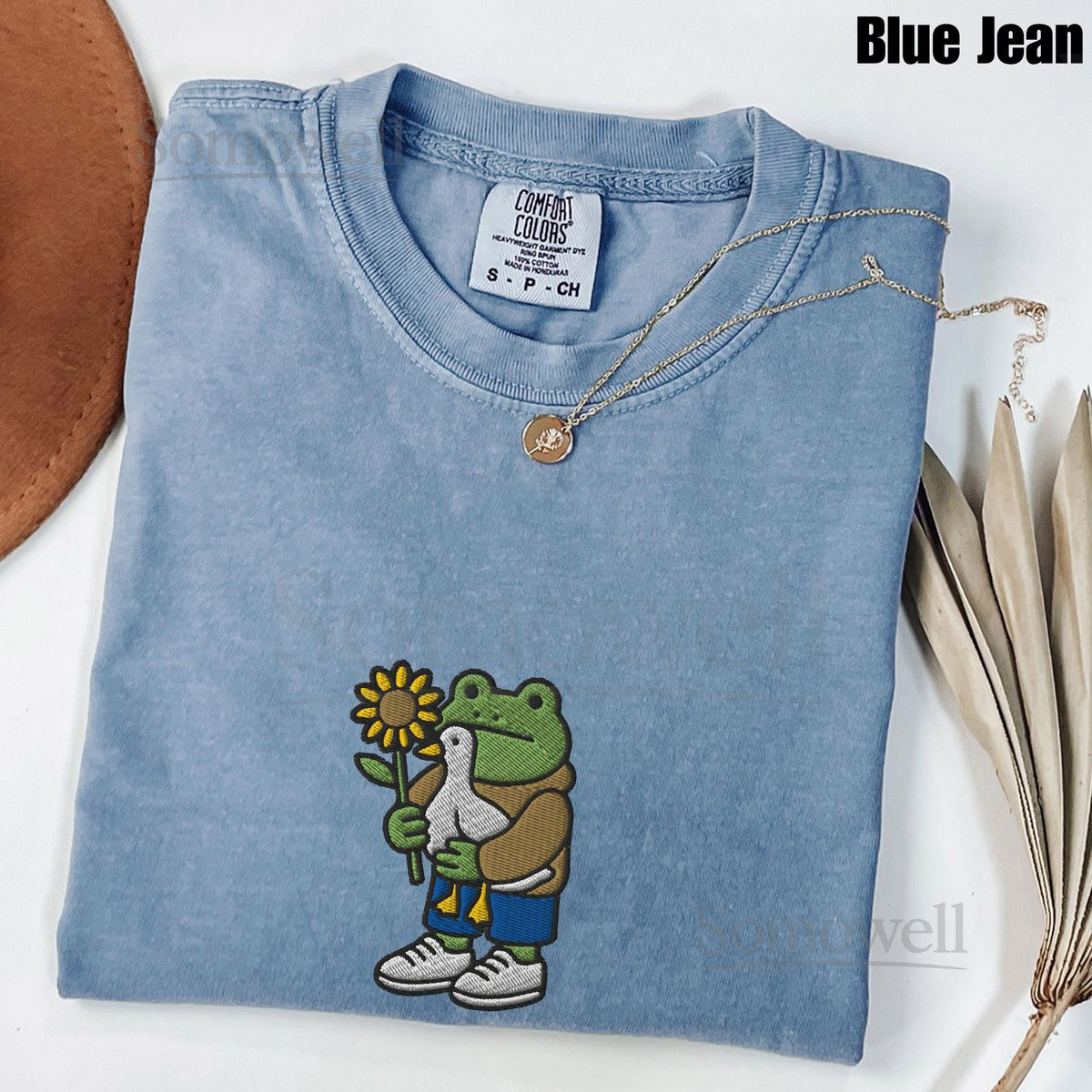 Frog Holding Goose and Sunflower Embroidered Comfort Colors T-Shirt Whimsical Cottagecore Shirt Cute Nature Gift Frog Lover Tee_117