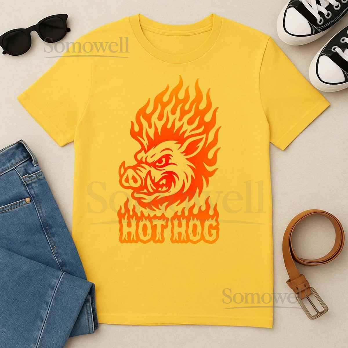 Hot Hog Graphic Tee Flaming Boar Vintage T-Shirt Unisex Yellow Shirt Cool Motorcycle Rider Gift Retro Flame Hog Tee Biker Shirt_194