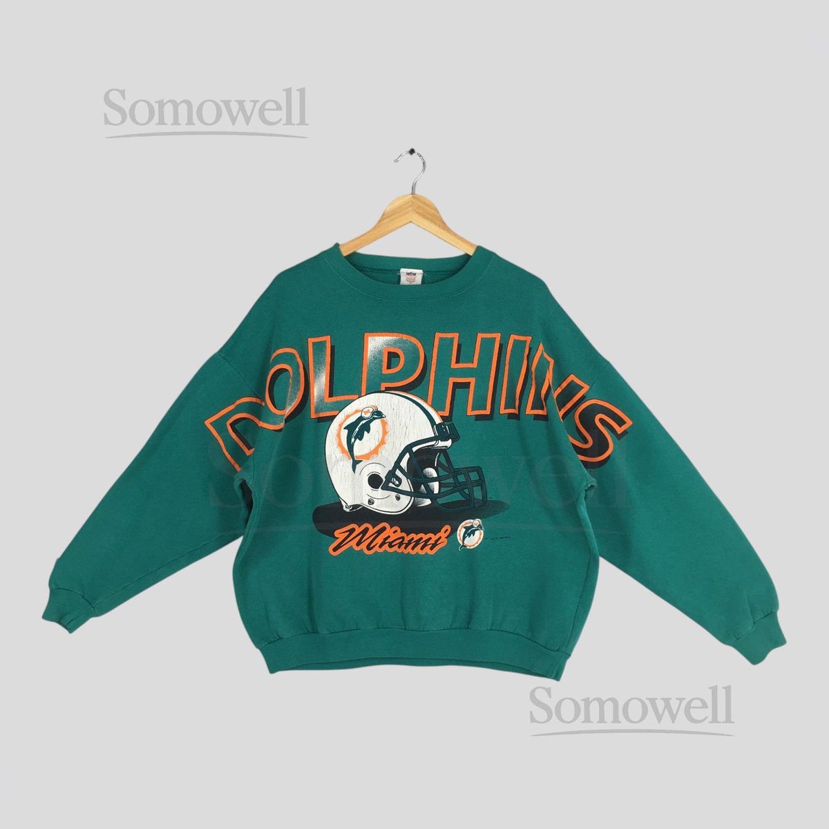 Vintage Miami Dolphins NFL Green Sweatshirt 2XLarge Miami Dolphins Big Printed Spell Out Crewneck Miami Dolphins Jumper Miami Sweater 2XL_696
