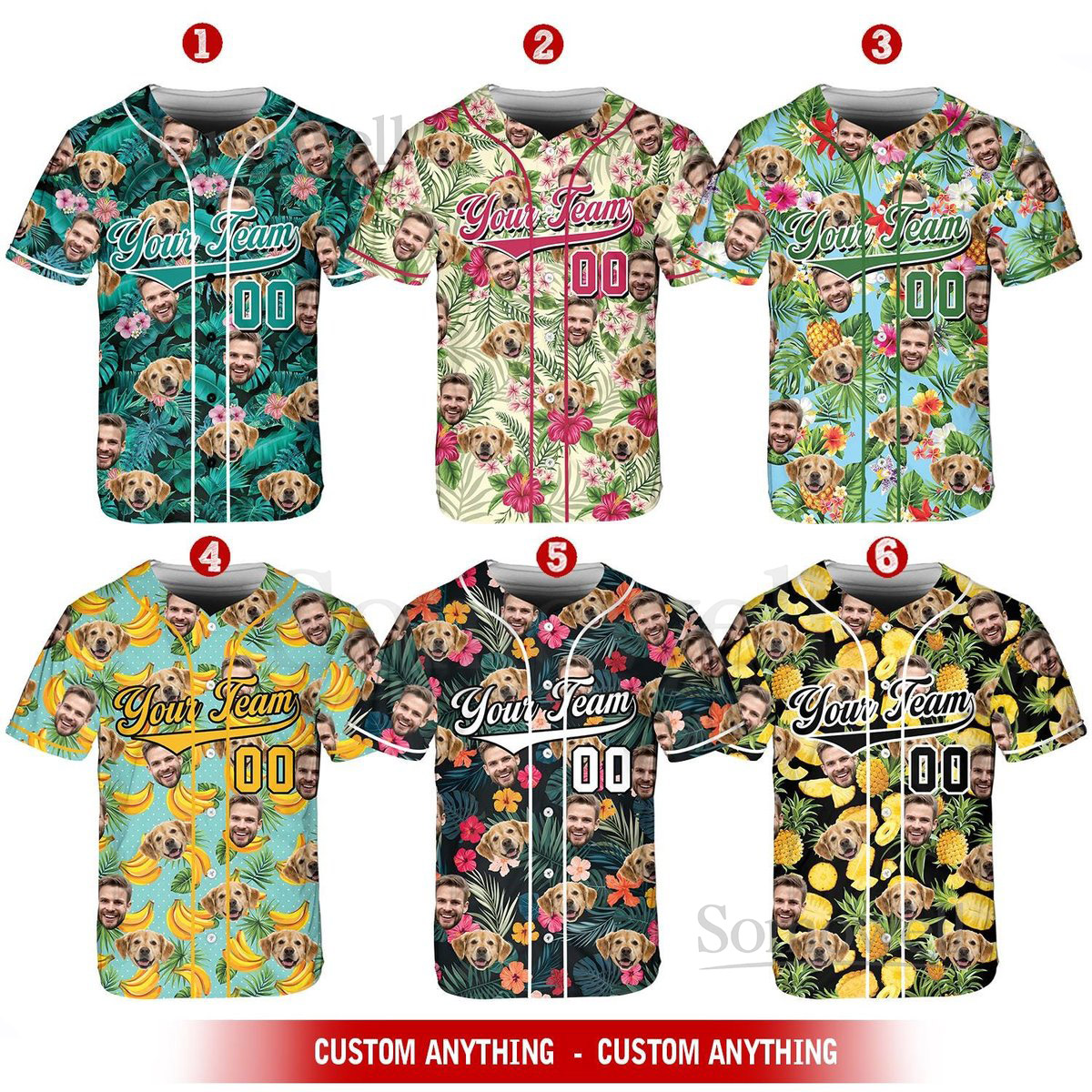 Personalized Face Dog Baseball Jersey Shirt Custom Team Name Number Tropical Baseball Shirt Funny Pet Photo Jersey Gift for Dog Lovers_086