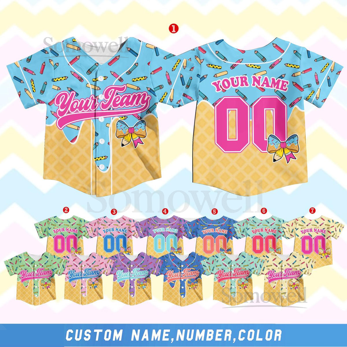 Custom Ice Cream Baseball Jersey Shirt for Kid Youth Adult Cute Name Number Team Shirt Personalized Birthday Outfit Back to School Jersey_006