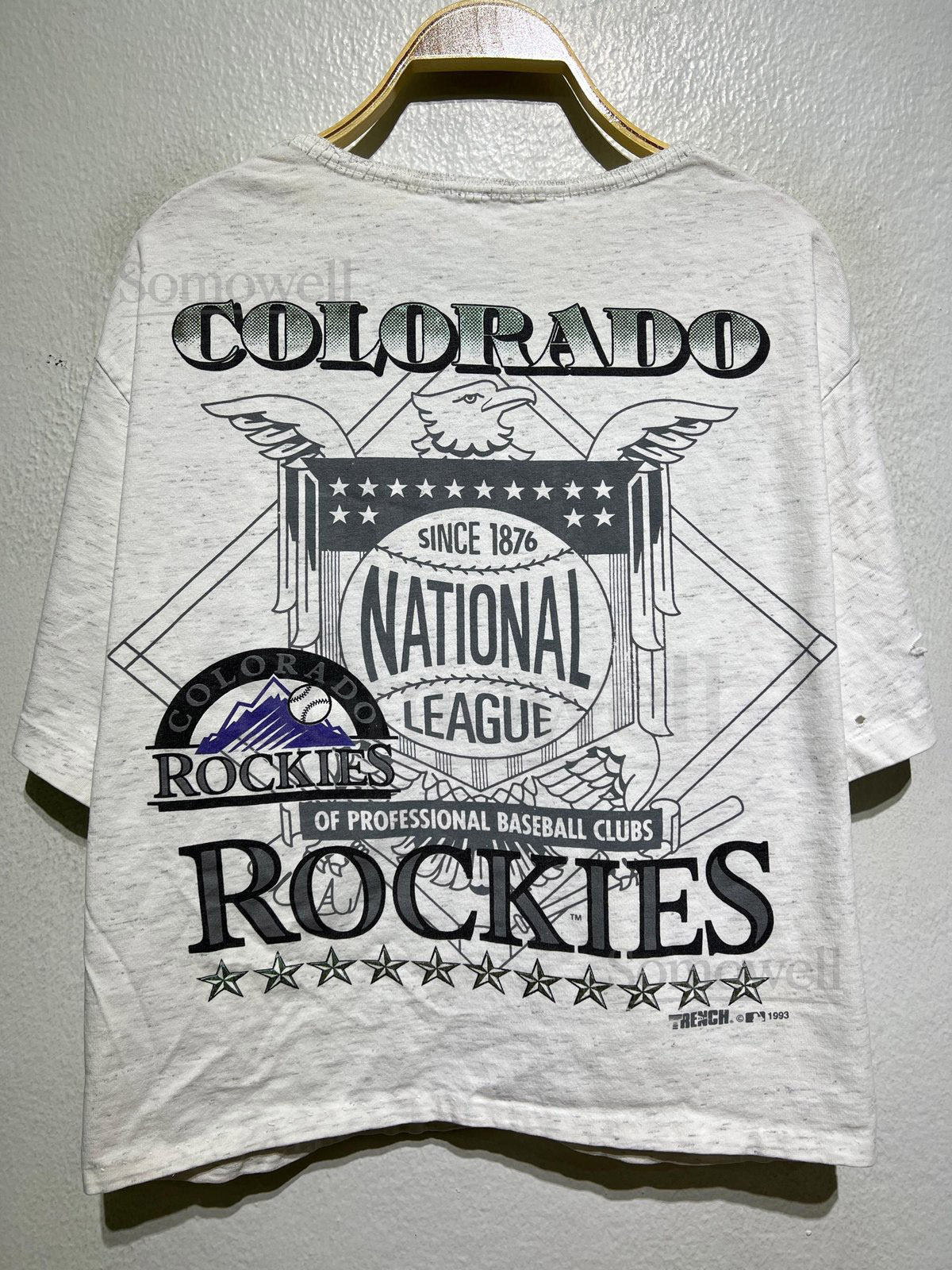 Vintage 90s Colorado Rockies MLB Baseball Tee National League Distressed Crop Top Hole Stains Cut Collar Alt Style Eagle Crest Size L_1022
