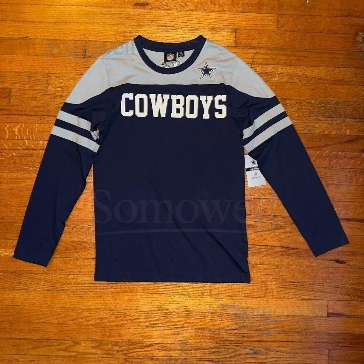 NFL Dallas Cowboys Long Sleeve Color Block Logo T-Shirt Navy Blue Gray XS_418