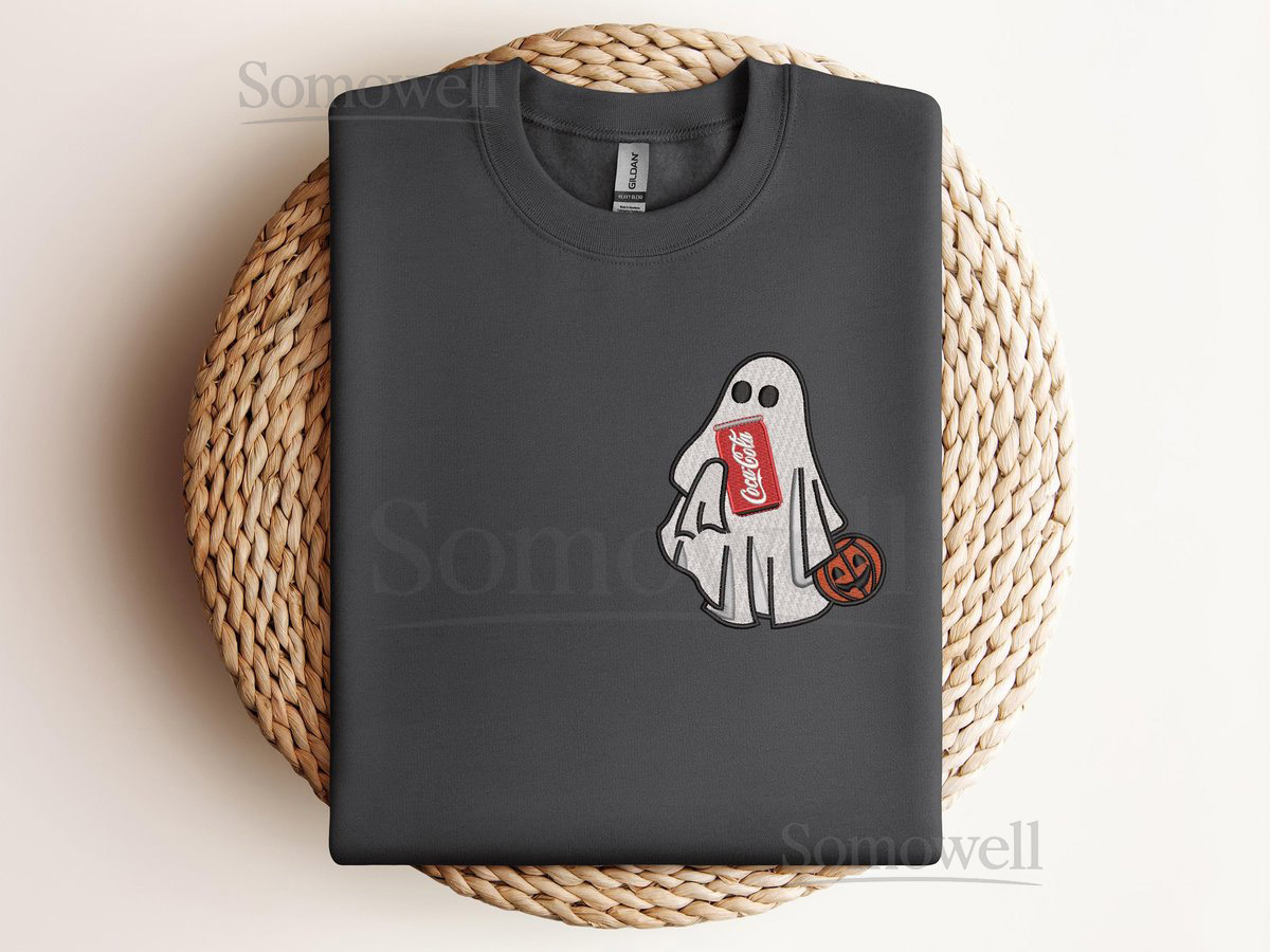 Embroidered Halloween Ghost Sweatshirt Cute Soda Can Ghost Design Funny Spooky Pullover Fall Cozy Shirt Trick or Treat Crewneck_80