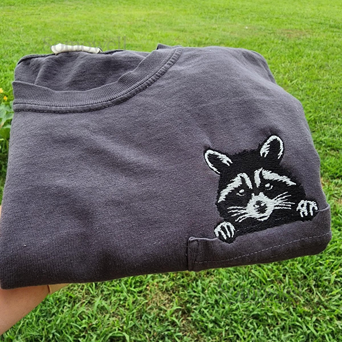 Raccoon pocket t-shirt comfort colors embroidered shirt cute raccoon pocket tee cute every day tee gift for her trendy trash panda_157