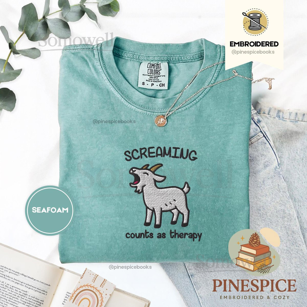 Screaming Counts As Therapy Embroidered Goat T-Shirt Funny Comfort Colors T-Shirt Screaming Goat Tee Mental Health Humor CC 1717_162