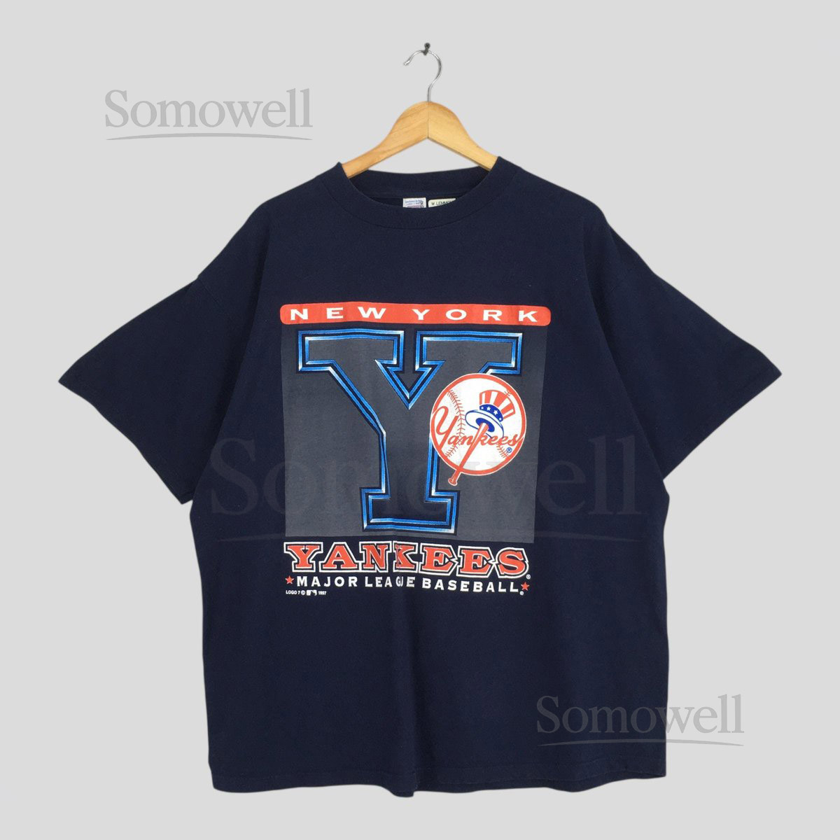 Vintage 90s New York Yankees MLB Blue T shirt XXLarge New York Yankees Printed Spell Out Jersey NY Yankees Baseball World Series Tees XXL_438
