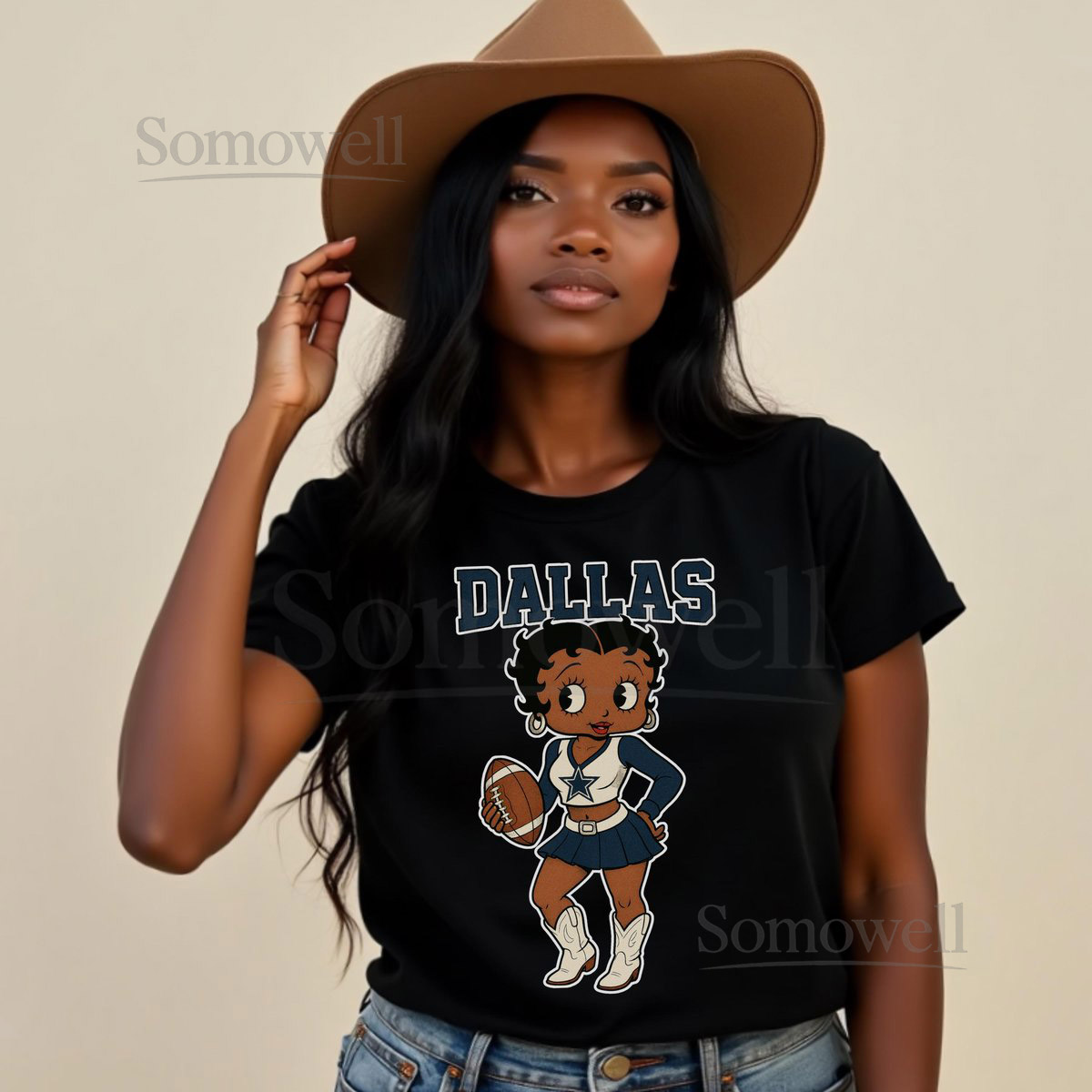 Betty Boop Dallas Football Cheerleader Tee Black Graphic T-Shirt Football Fan Gift Unisex Shirt Top Cowboy Boots_14