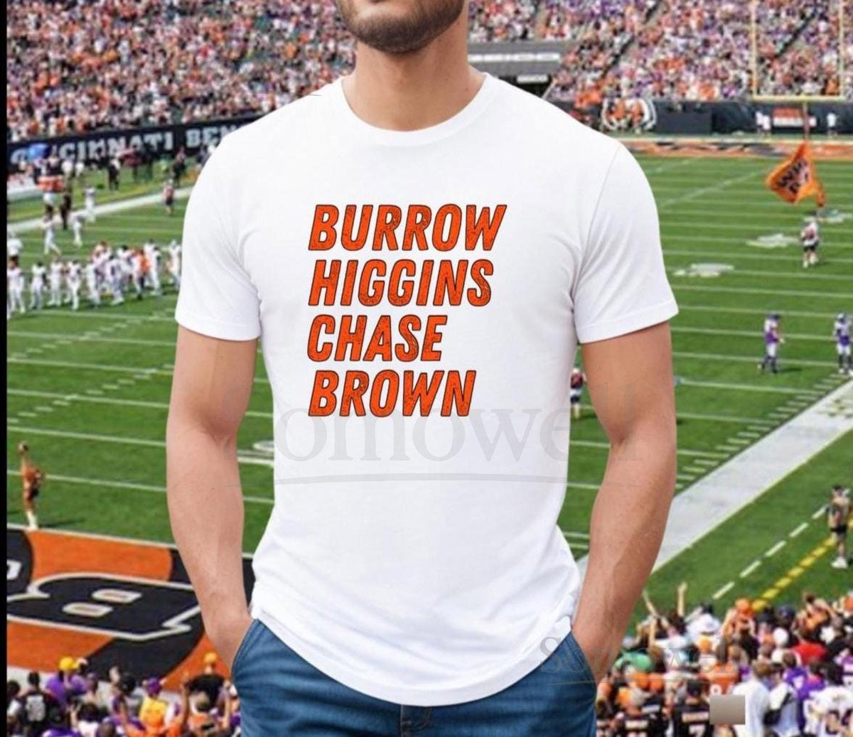 Cincinnati Bengals Unisex Jersey Short Sleeve Tee Ja'Marr Chase Shirt Joe Burrow Jersey Tee Higgins T-Shirt Chase Brown Tee Cinci Stats_514
