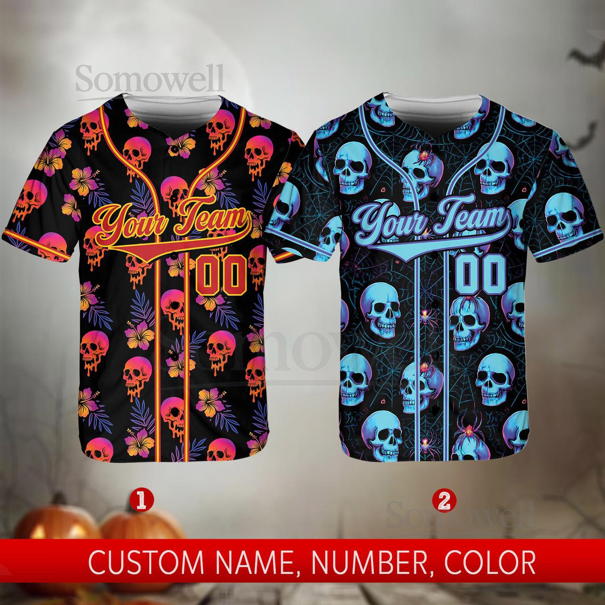Custom Halloween Baseball Jersey for Adult Kid Youth Personalized Name Number Color Jersey Spooky Skull Themed Team Uniform_004
