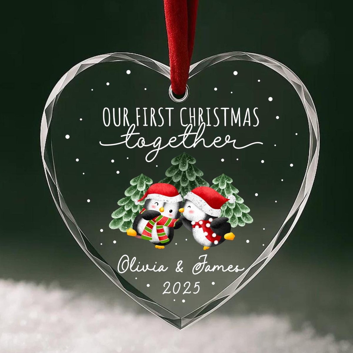 Personalized Our First Christmas Together Ornament Custom Couple Names Year Heart Glass Penguin Holiday Keepsake OR094