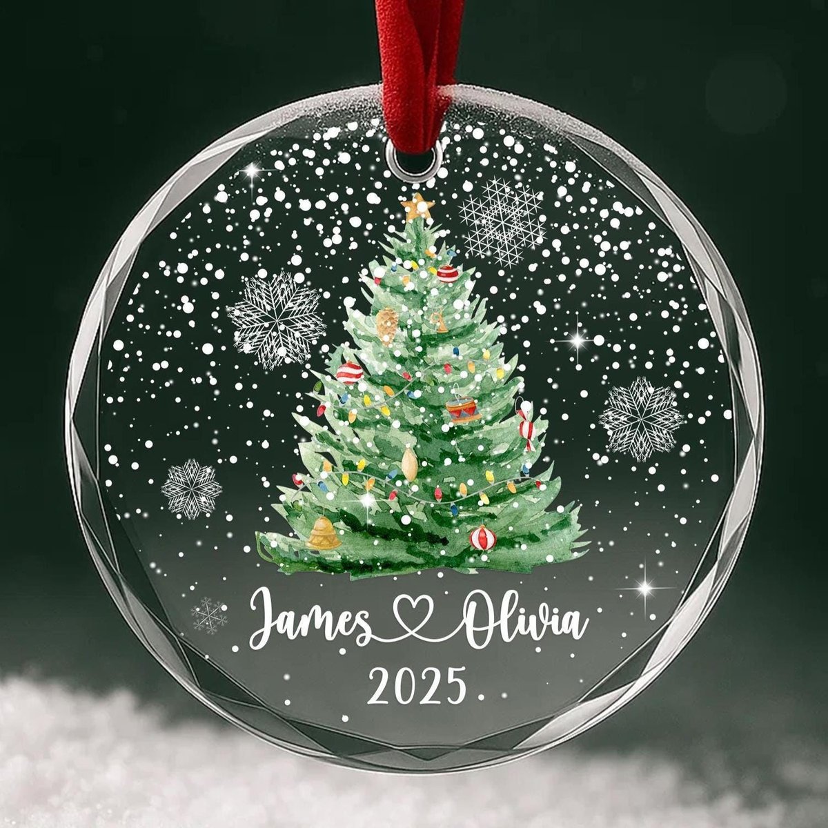 Personalized Christmas Tree Ornament Custom Couple Names Year Heart Glass Snowflake Holiday Keepsake OR096