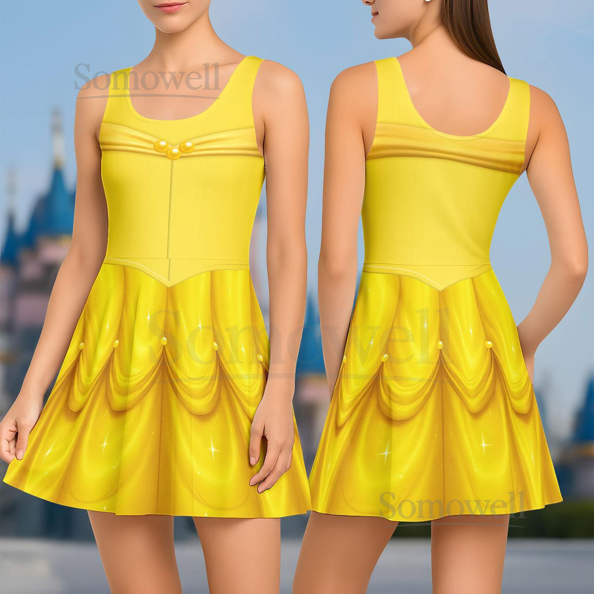 Belle Princess Skater Dress Disney Princess Women Dress Beauty And The Beast Casual Dress Halloween Cosplay Costume Gift For Her_7