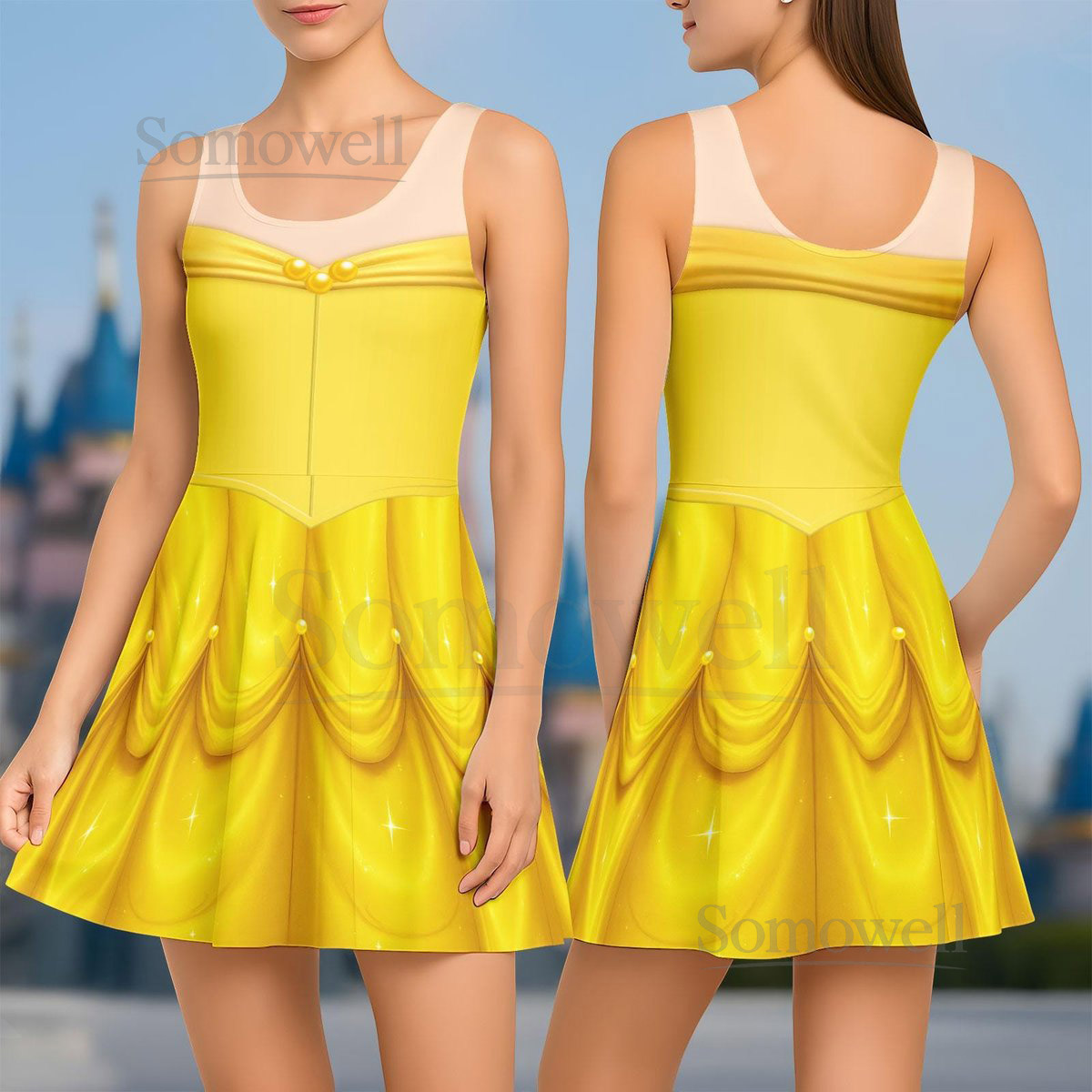 Belle Princess Skater Dress Disney Princess Cosplay Women Dress Beauty And The Beast Casual Dress Halloween Party Shirt Gift For Her_6