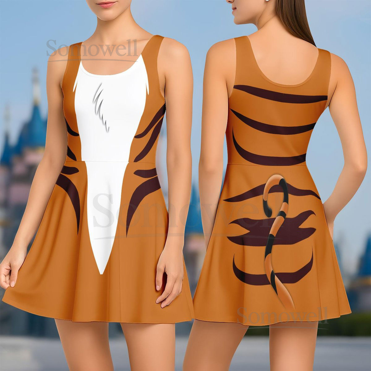 Halloween Rajah Costume Skater Dress Disney Aladdin Cosplay Costume Animal Kingdom Disney World Shirt Jasmine's Tiger Women Dress_90