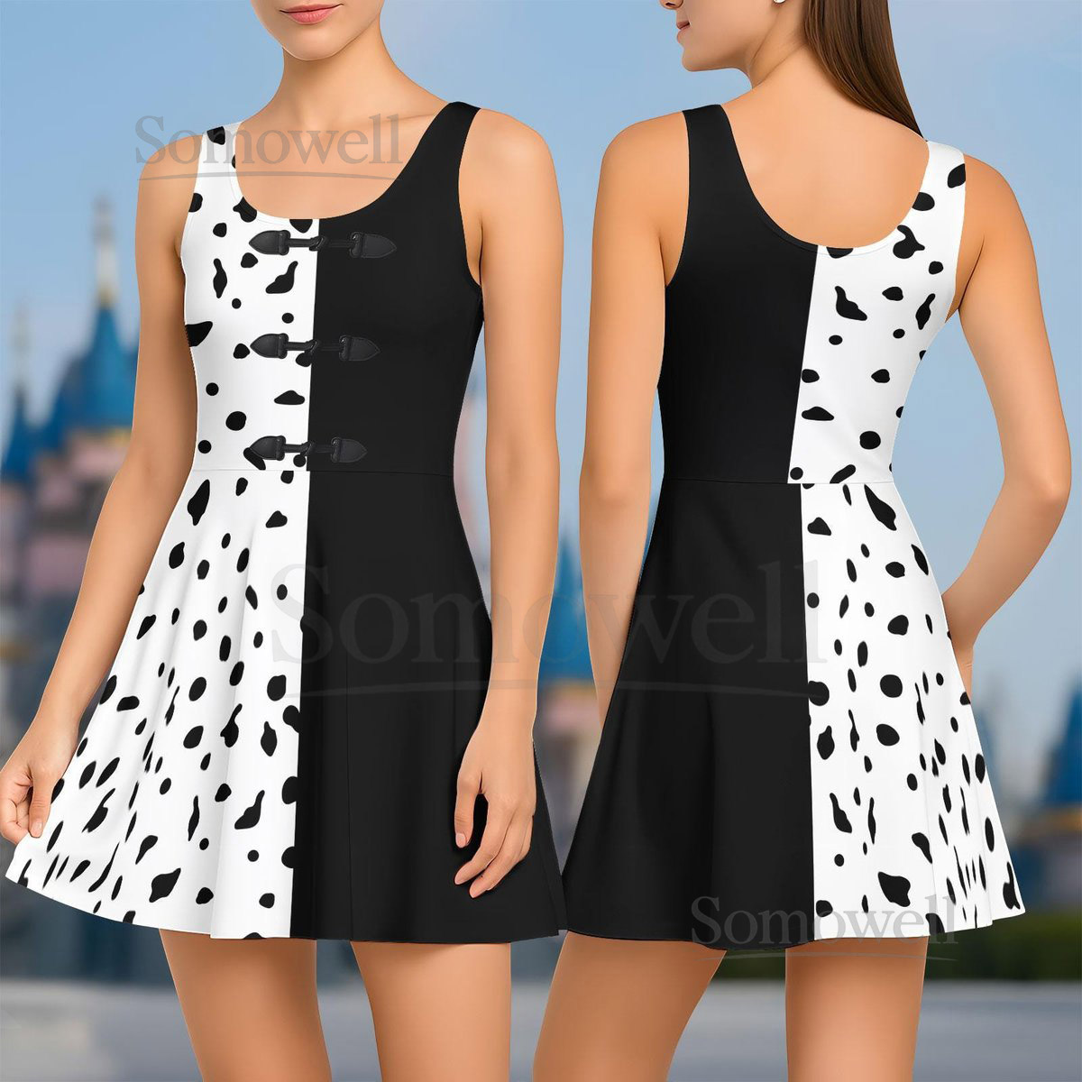 Cruella de Vil Skater Dress Disney Villain Cosplay Women Dress Dalmatian 101 Costume Black White Dress Halloween Shirt Gift For Her_20