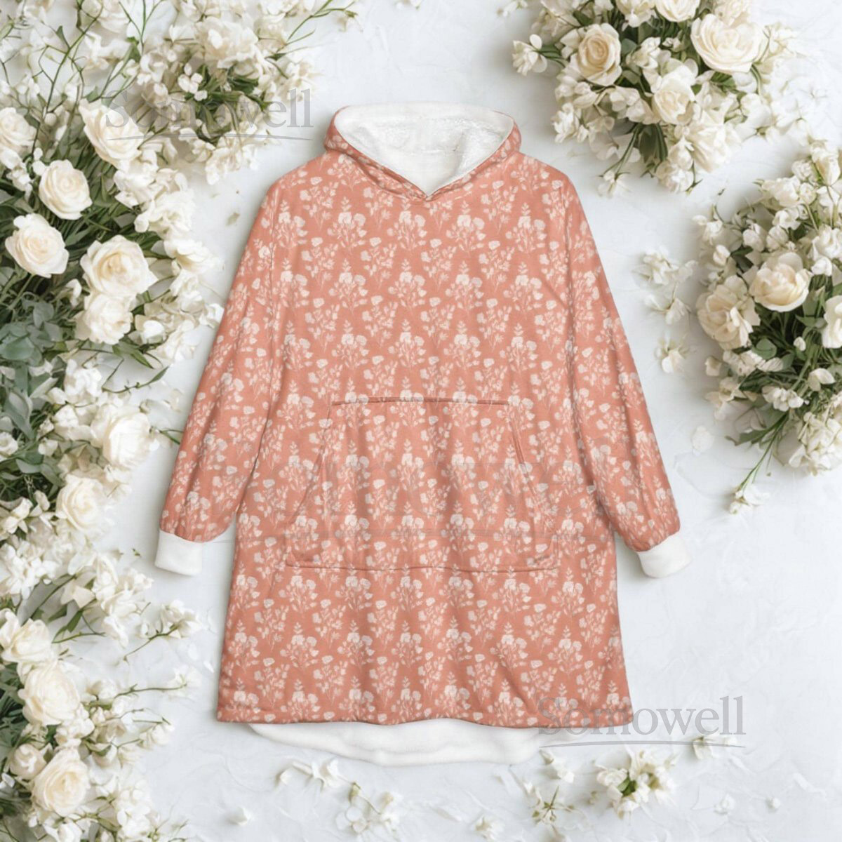 Unisex Hooded Blanket Oversized Wearable Hoodie Blanket One Size Fits All Outdoor Softball Snuggly Hoodie Cloak Coral Orange Floral_88