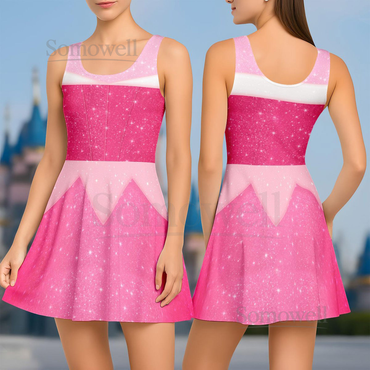 Princess Aurora Skater Dress Disney Pink Princess Women Dress Disneybound Cosplay Costume Halloween Party Shirt Dress Gift For Her_151