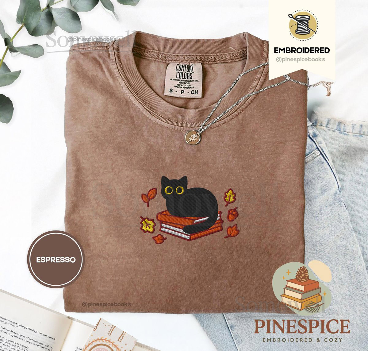 Fall Black Cat and Books Tee Embroidered Comfort Colors 1717 Cozy Autumn Reader Shirt Book Lover Gift Cute Halloween Cat Shirt_110