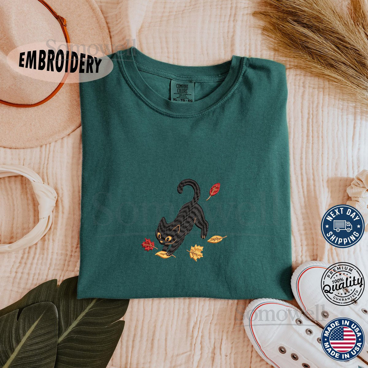 Cozy Black Cat Pouncing Autumn Leaves Sweatshirt Embroidered Hoodie Unique Gift Fall Sweatshirt Cat Hoodie Black Cat Autumn Leaves_20