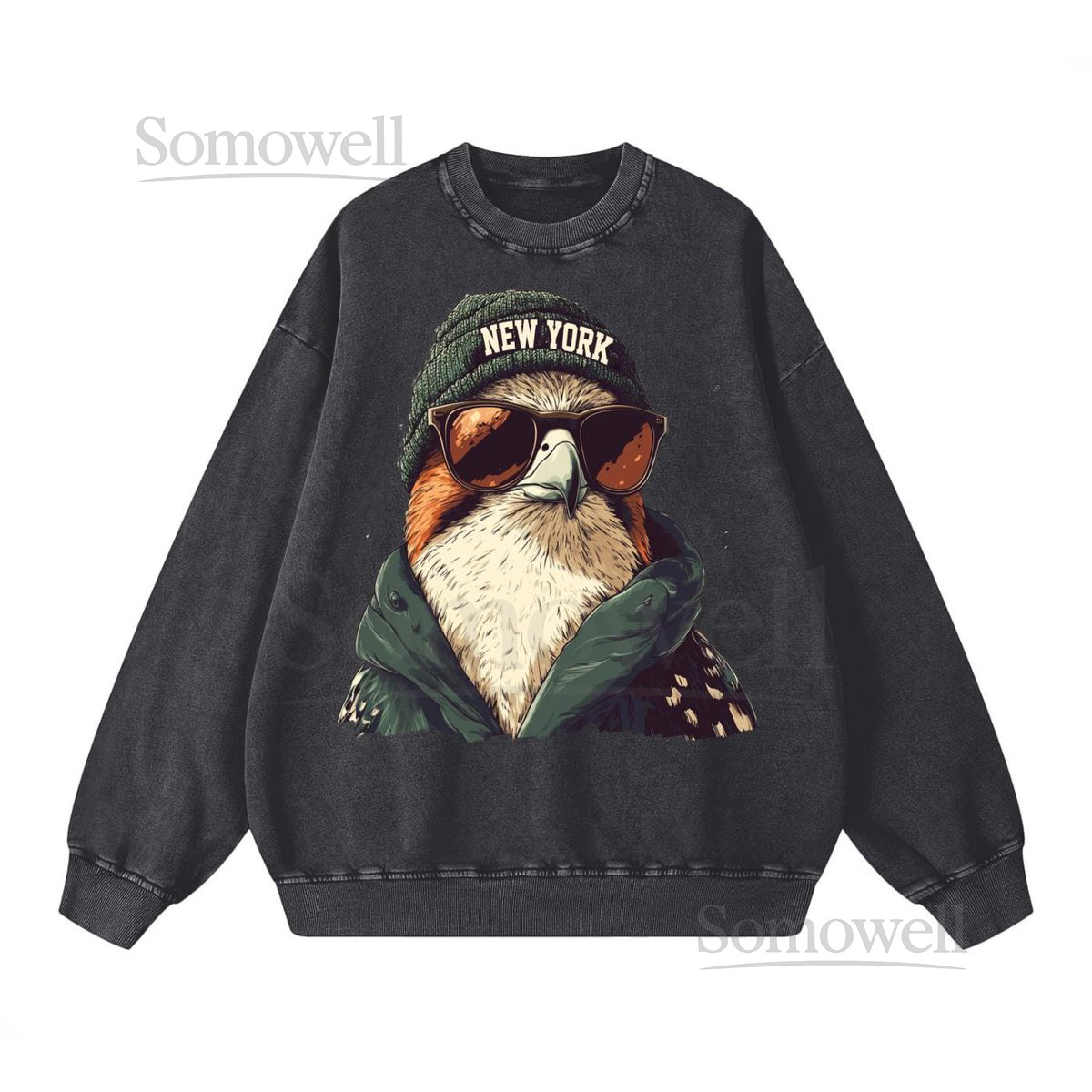 New York Spirit Animal Sweatshirt Vintage Style Oversize Crewneck Acid Wash Game Day Sweater_376