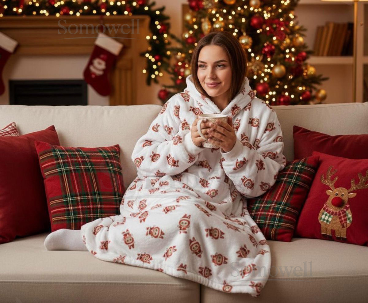 Christmas Hooded Blanket Cozy Polyester Fleece Snuggle Blanket_15