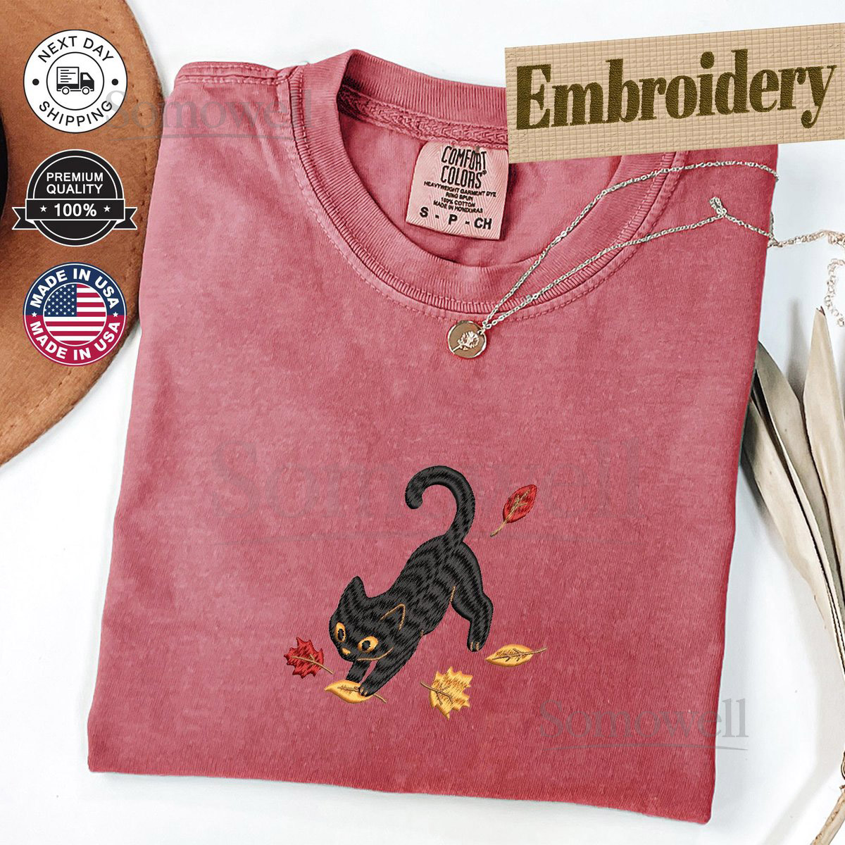 Black Cat Autumn Leaves Comfort Colors Tee Embroidered Cat Lover Shirt Handmade Fall Embroidery Gift Cute Autumn T-Shirt Gift for Her_5
