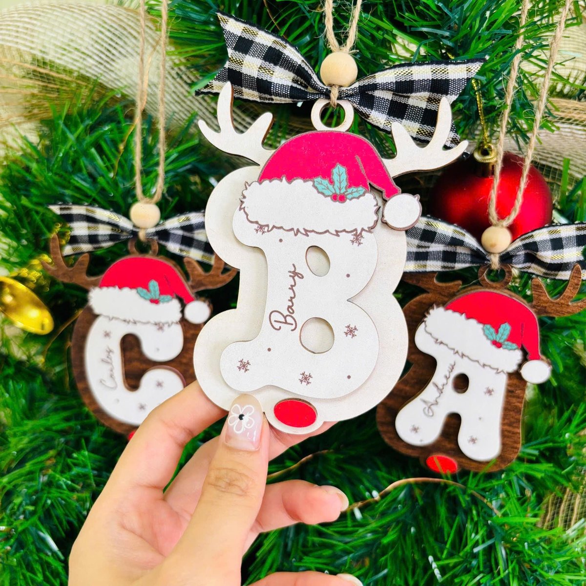 Personalized Reindeer Letter Ornament with Santa Hat Custom Christmas Tree Decoration Holiday Initial Ornament Gift