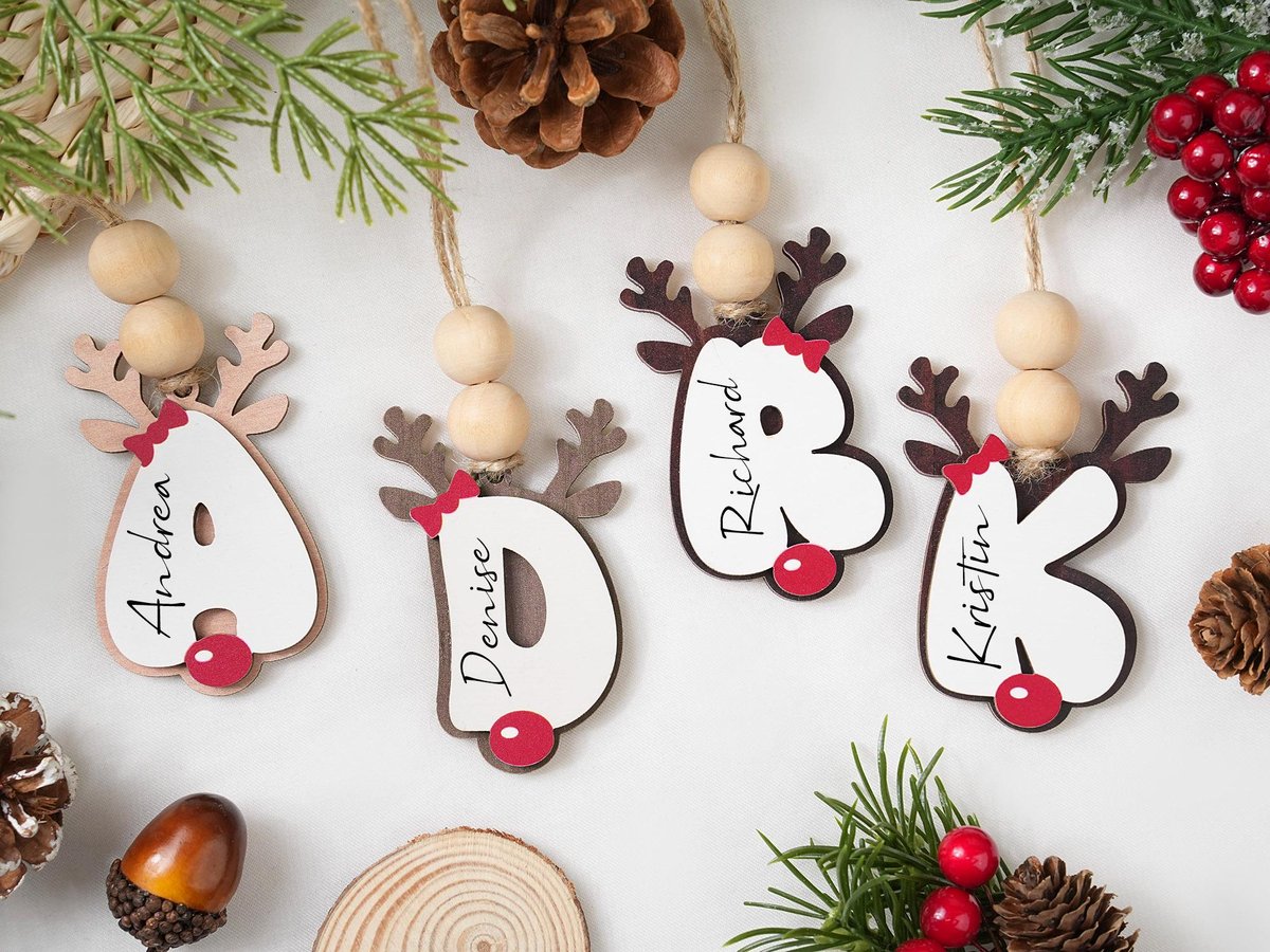 Personalized Reindeer Letter Ornaments Custom Christmas Stocking Tags Wooden Name Tag Holiday Gifts for the Family Initial Ornament 2025