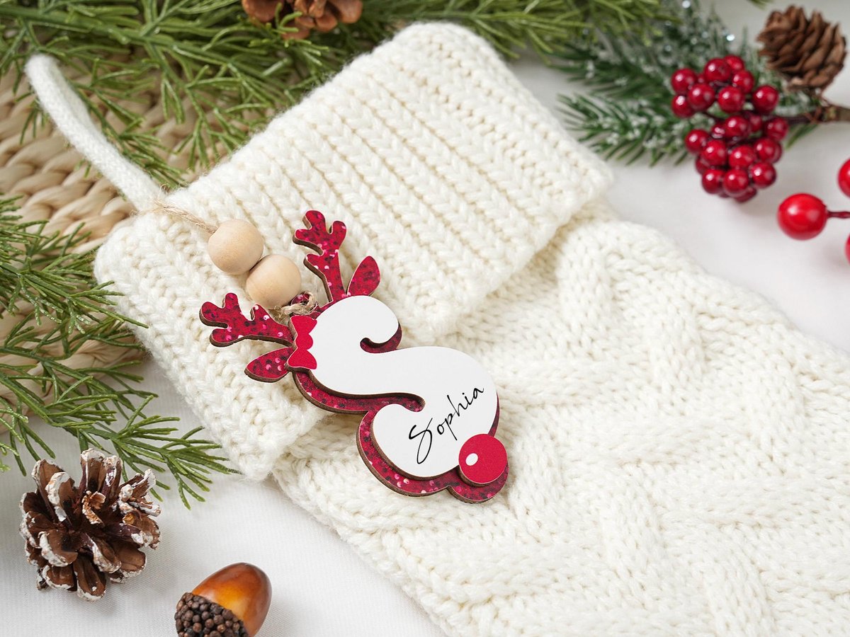 Personalized Christmas Name Ornaments Custom Reindeer Letter Tags Wooden Stocking Tag Holiday Gifts for the Family Initial Ornament 2025