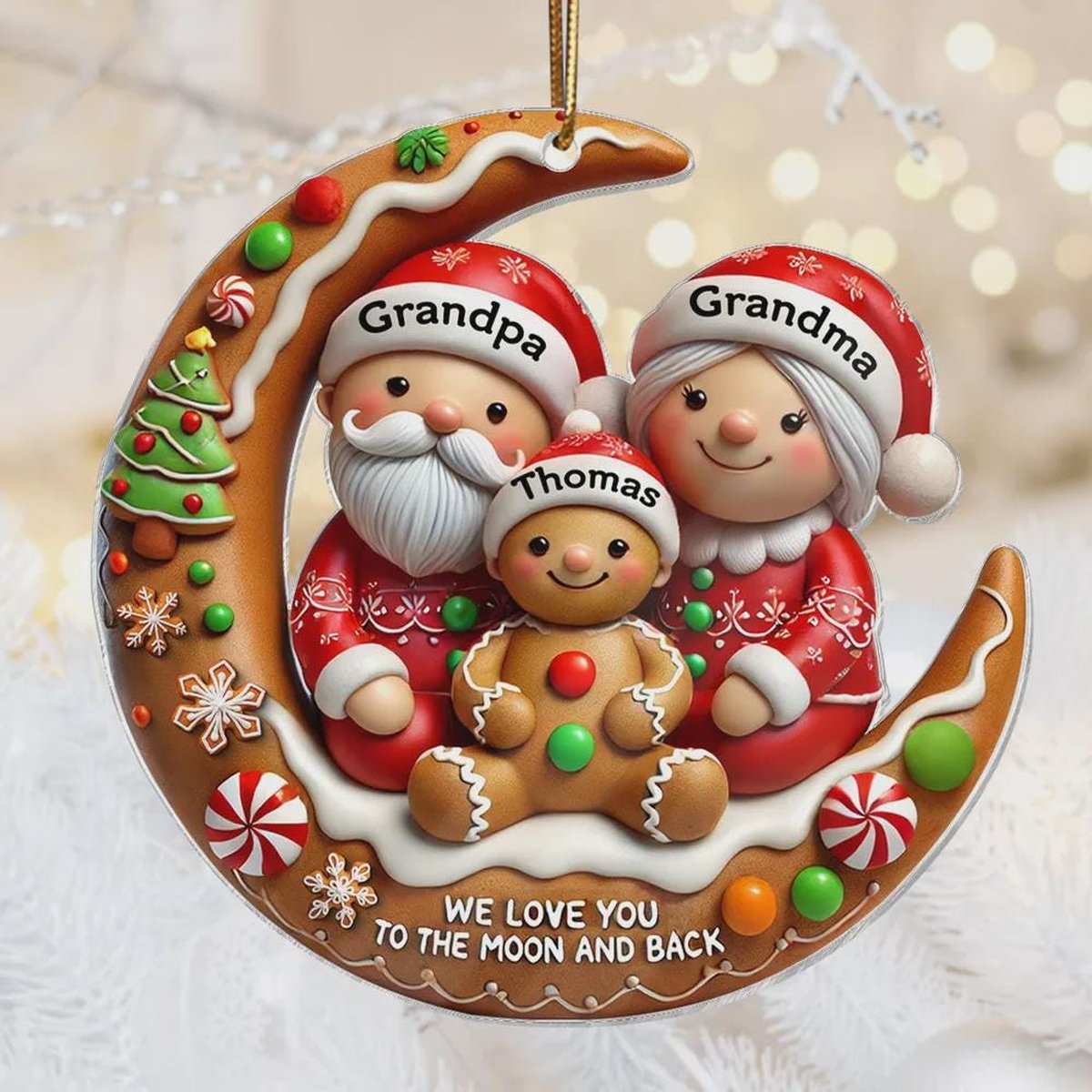 Personalized Gingerbread Grandparent Grandchild Moon Ornament