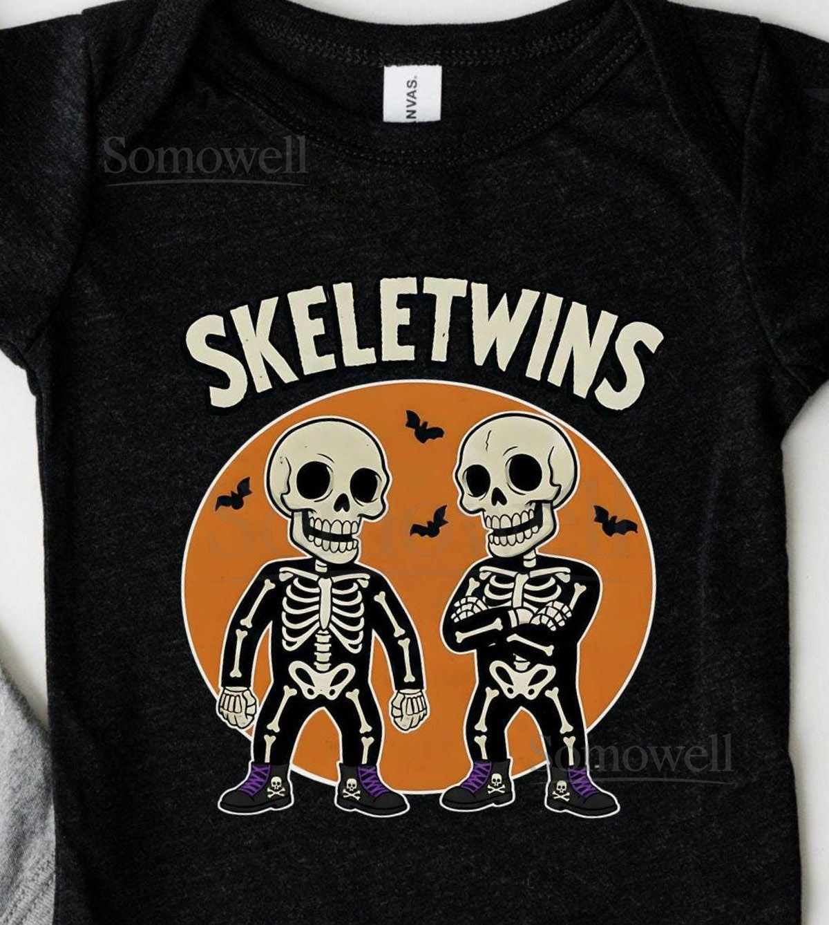Skeletwins Halloween Shirts for Twins Funny Twin Baby Bodysuits Toddler Tees Matching Spooky Costume Bella Canvas Halloween Party Shirt_770