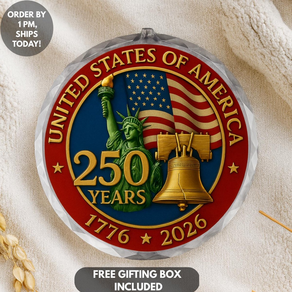 USA 250th Anniversary Ornament Ceramic Glass Coin Options 1776-2026 Patriotic Christmas Decoration