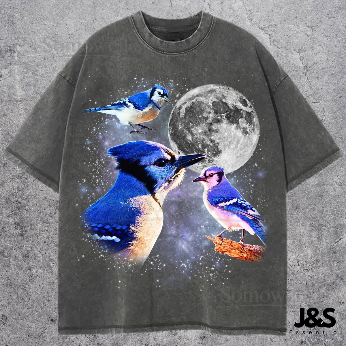 Three Blue Jay Retro Graphic Tshirt Vintage Bird Moon Shirt Oversized Nature Tee Funny Backyard Birdwatching Top Gift for Him Her_820
