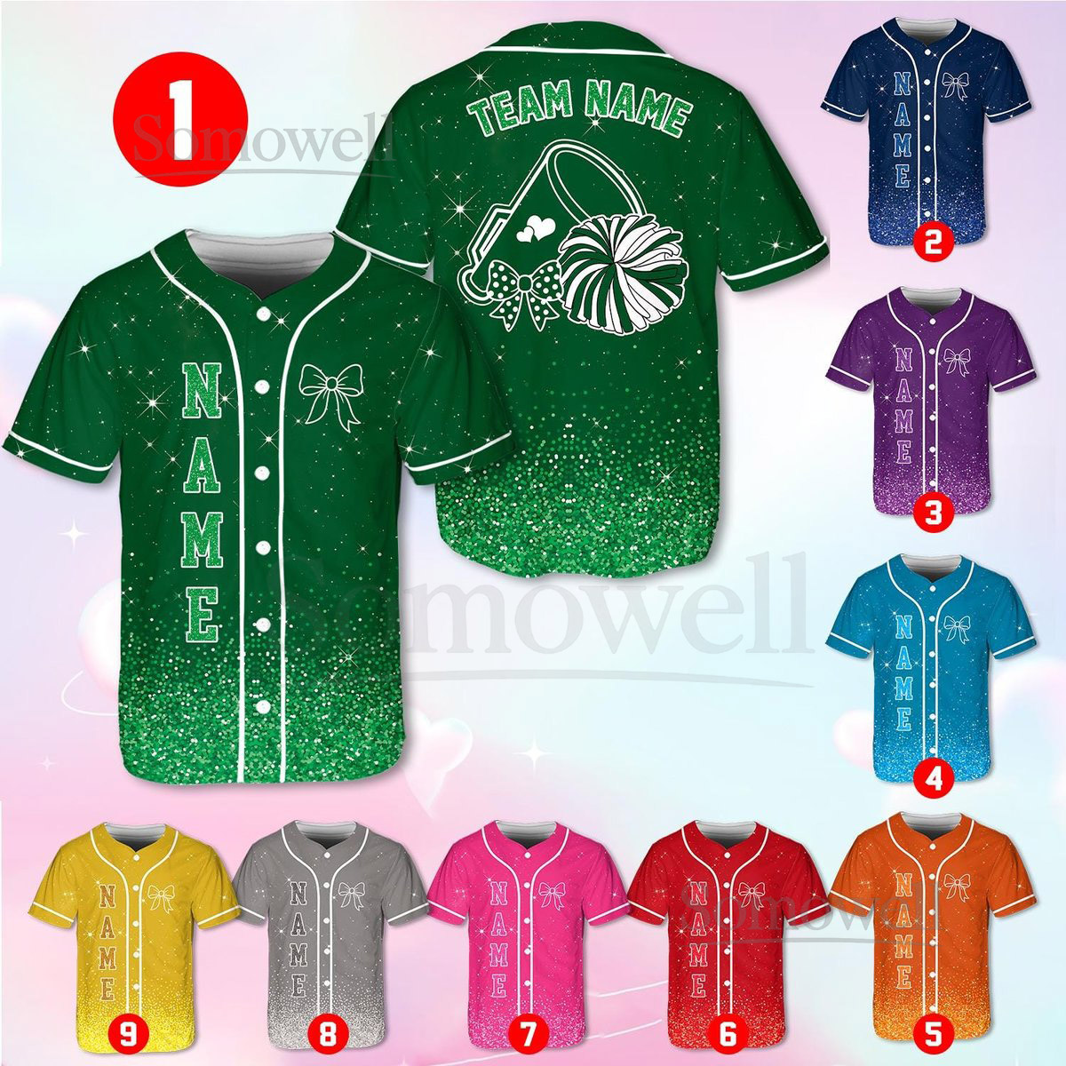 Personalized Team Name Number Bow Megaphone Baseball Jersey Sparkle Glitter Team Uniform Cheer Shirt for Adult Kid Youth Cheerleading_728