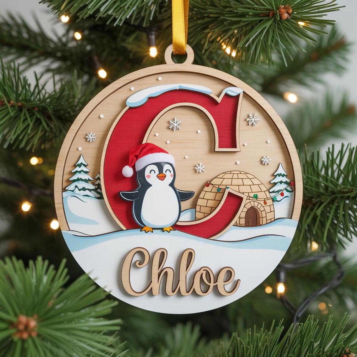 Personalized Penguin Initial Ornament Custom Wooden Christmas Ornament with Name Winter Igloo Decoration Kids Holiday Tree Gift
