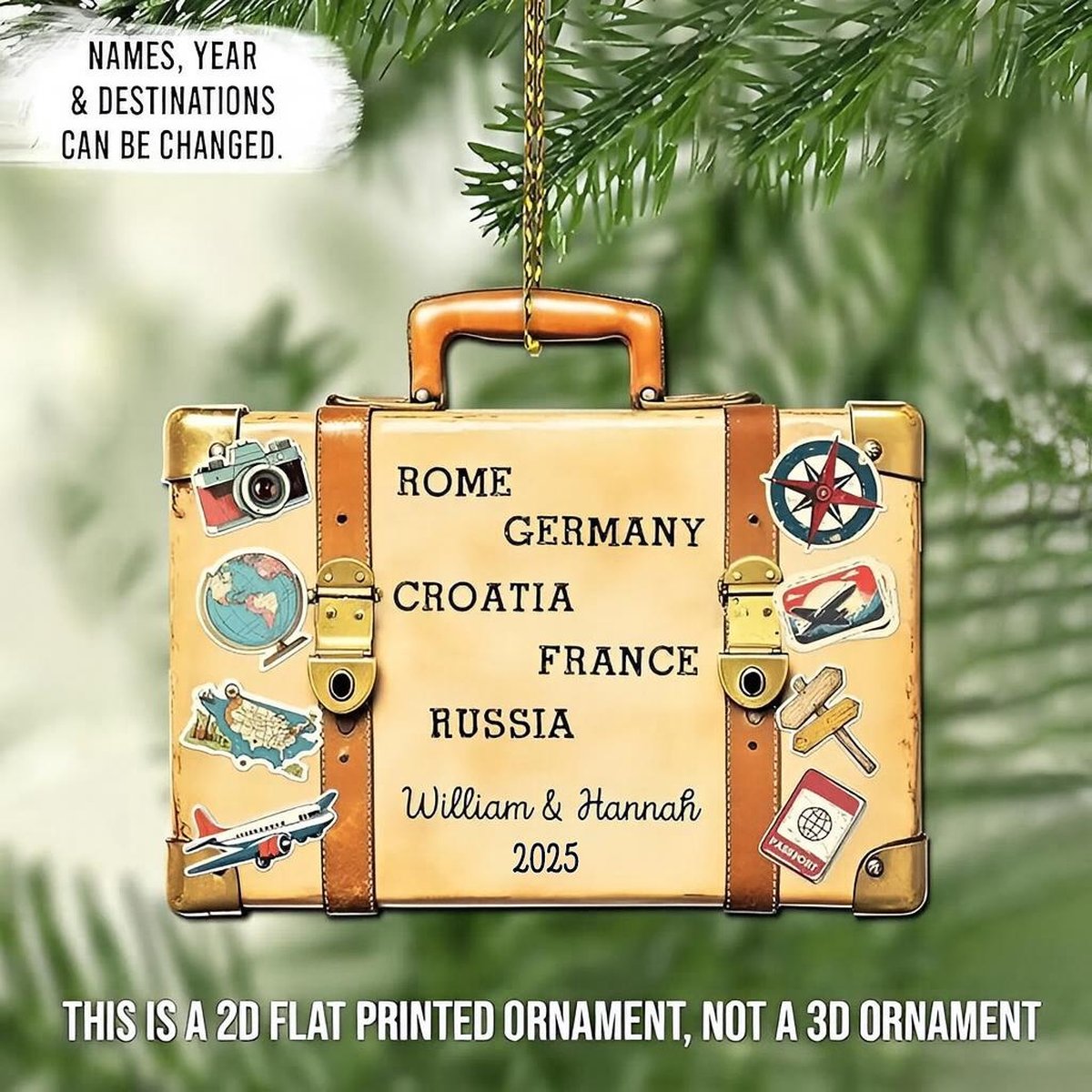 Personalized 2025 Travel Adventure Acrylic Ornament. Suitcase Travel Christmas Ornament. Travel Gift. Honeymoon Vacation Gift. Travel Lover