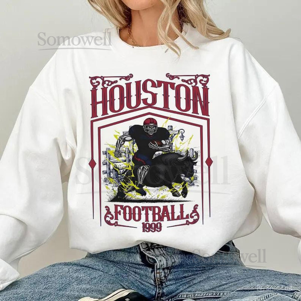 Houston Football Skull Vintage SweatshirtHouston Fan GiftsFootball Game Day SweatshirtHouston Football CrewneckFootball T_252