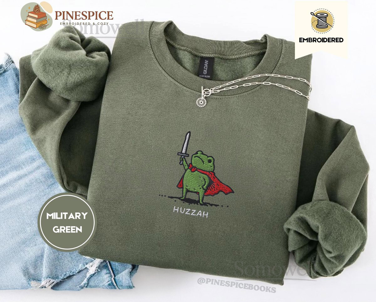 Huzzah Frog Sweatshirt Embroidered Gildan 18000 Funny DnD Pullover Renaissance Faire Frog Crewneck Medieval Fantasy Gamer Gift_109