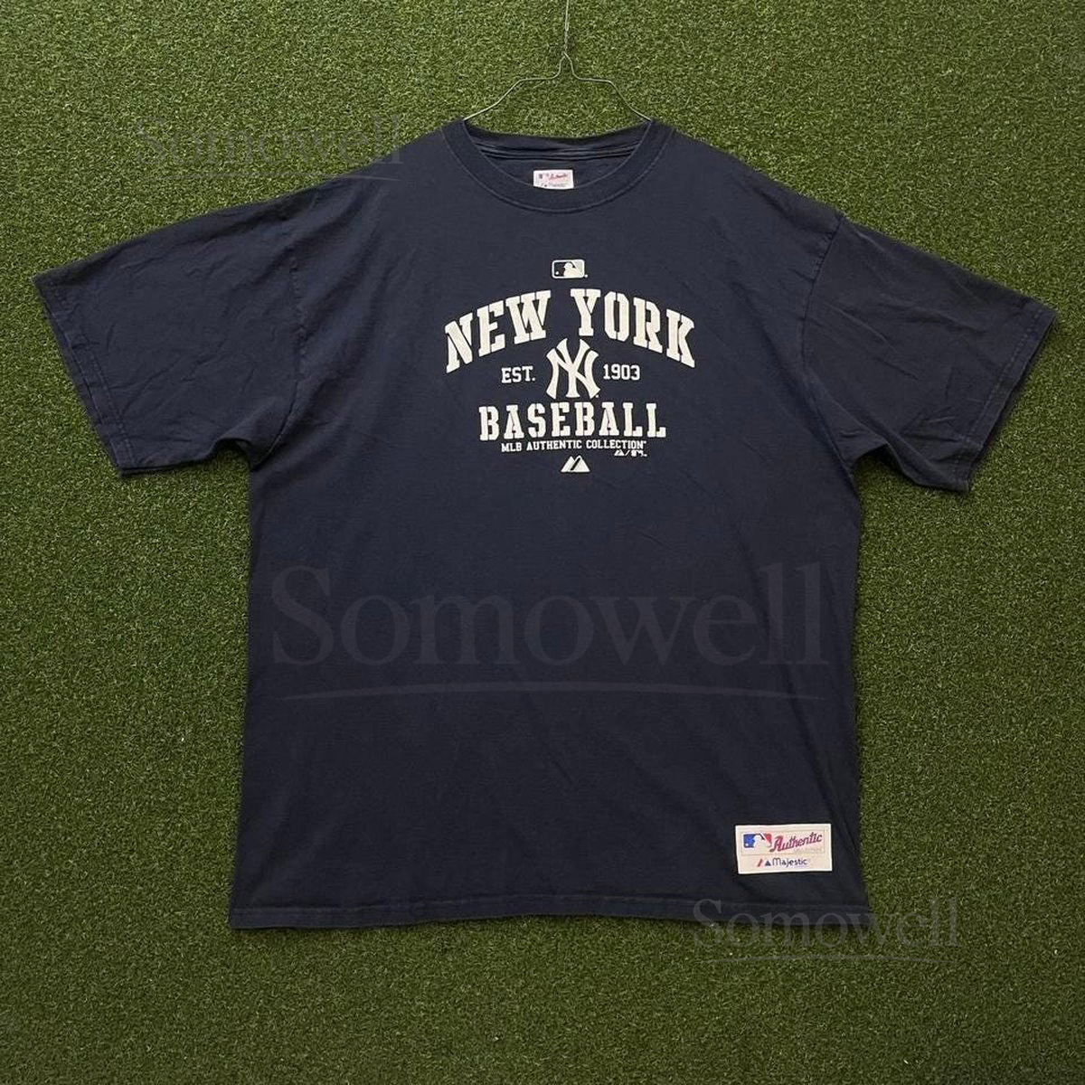 Majestic MLB New York Yankees Baseball Spell Out Navy Blue Tee Shirt_592