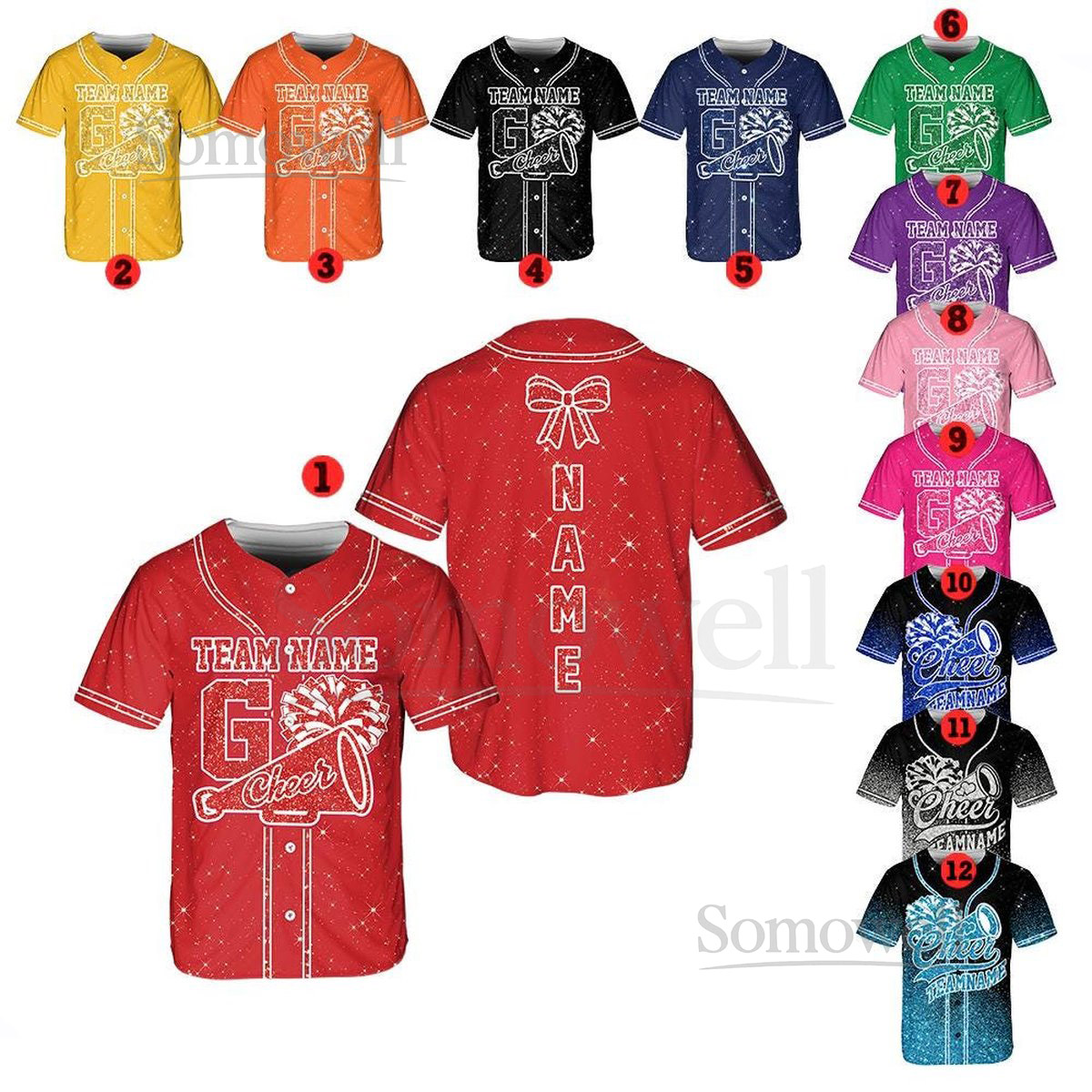 Personalized Team Name Number Bow Megaphone Baseball Jersey Sparkle Glitter Team Uniform Cheer Shirt for Adult Kid Youth Cheerleading_729