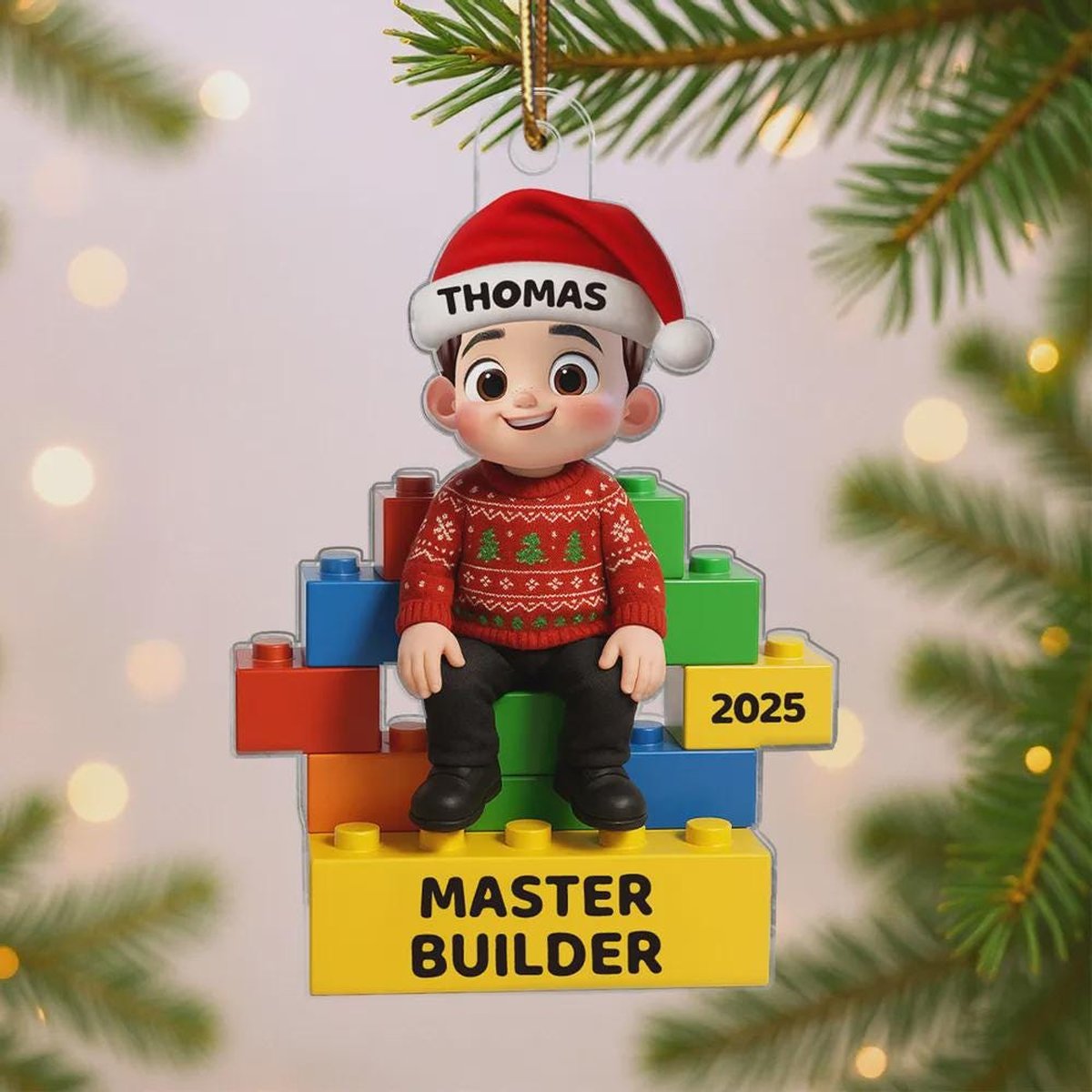 2D Flat Little Kid Master Builder Personalized Acrylic Ornament Custom Lego Christmas Ornament Gift for Boys Girls Kids