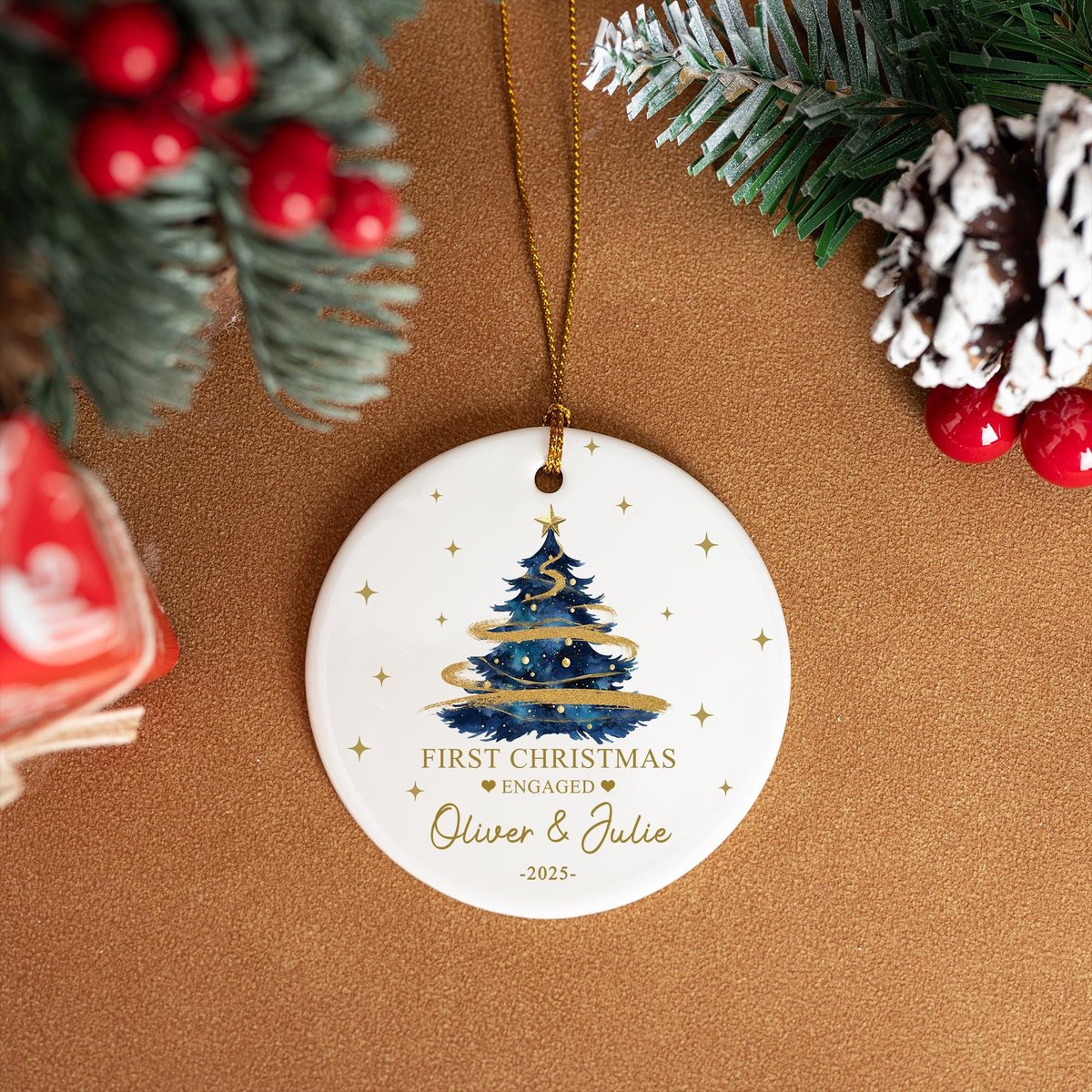 Personalized Ceramic Engagement Ornament Mr Mrs Keepsake Christmas Tree Bauble Christmas Gift for Couple w Gift Box Engaged Keepsake