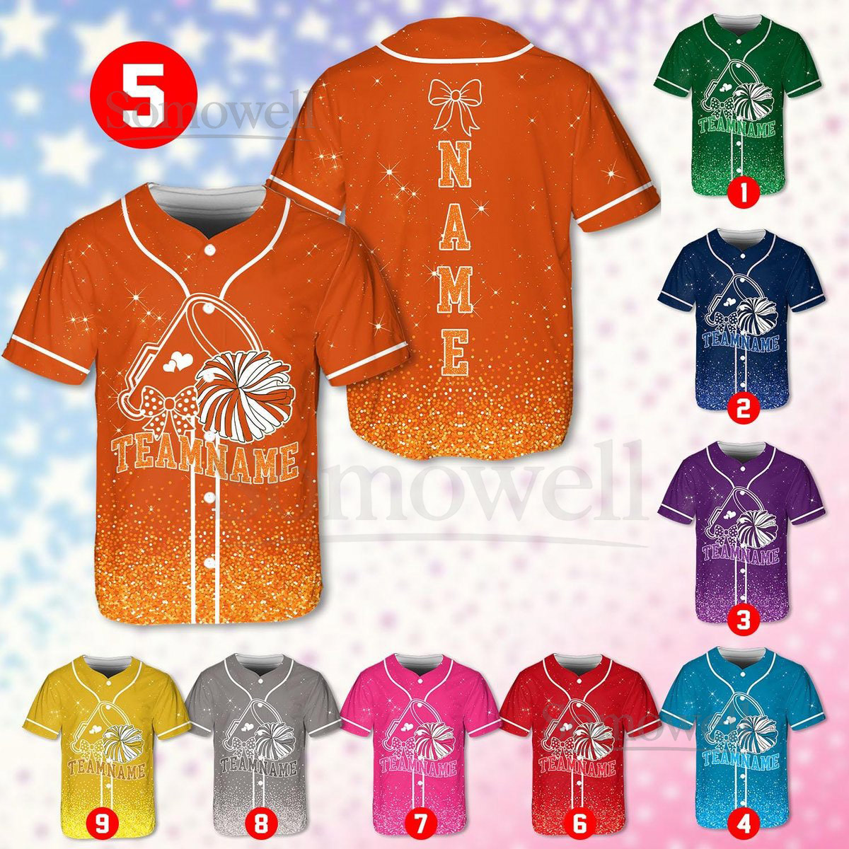 Personalized Team Name Number Bow Megaphone Baseball Jersey Sparkle Glitter Team Uniform Cheer Shirt for Adult Kid Youth Cheerleading_732