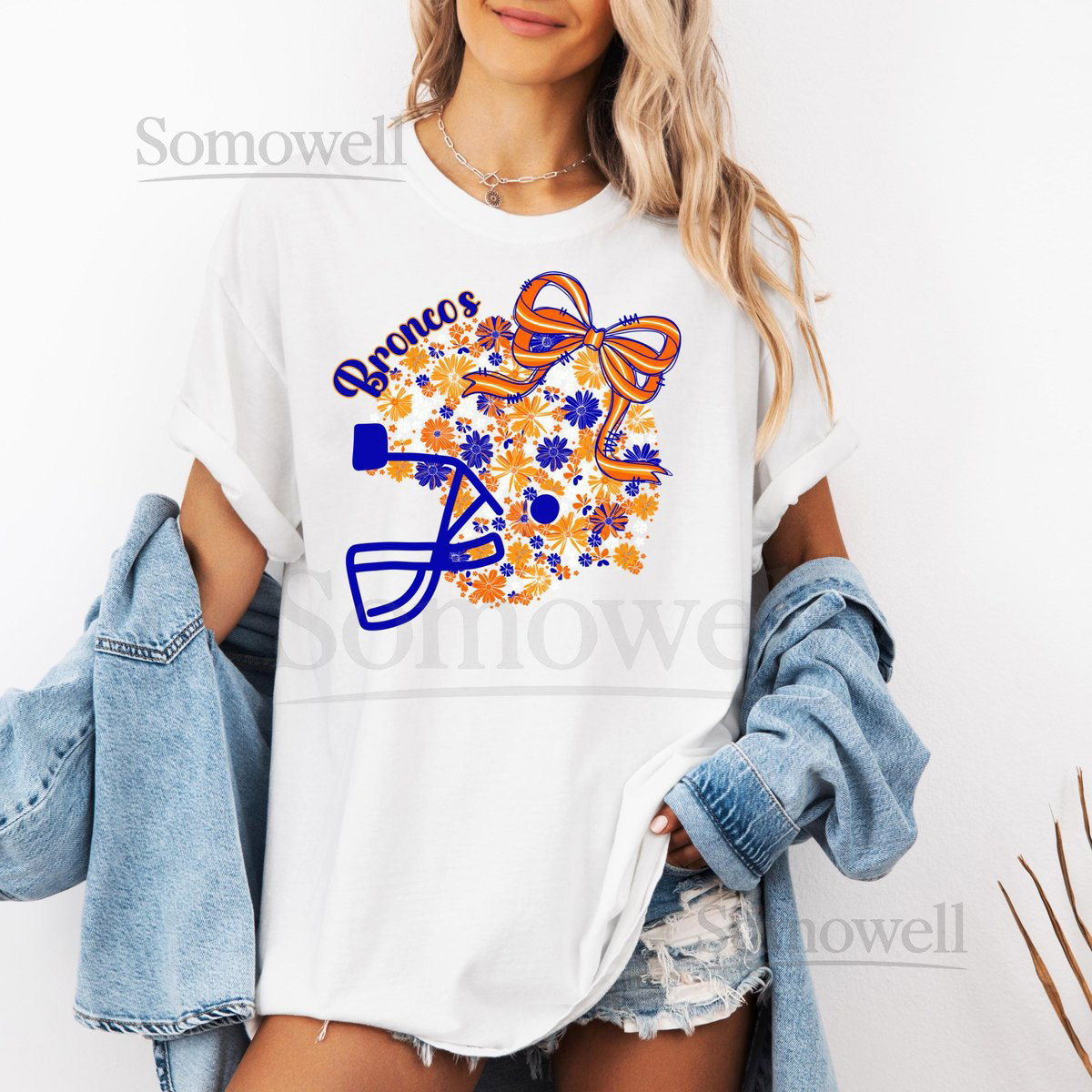 Denver Floral Football Helmet T-Shirt Denver Broncos Shirt Lets Go Broncos Cropped Shirt NFL Shirt Broncos Game Day Shirt Super Bowl_330
