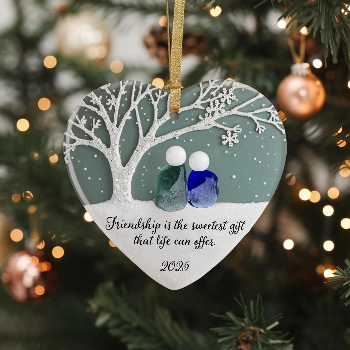 Sea Glass Heart Ornament Friendship Quote Christmas Gift for Best Friend Handmade Keepsake Tree Decoration with Sentimental Message
