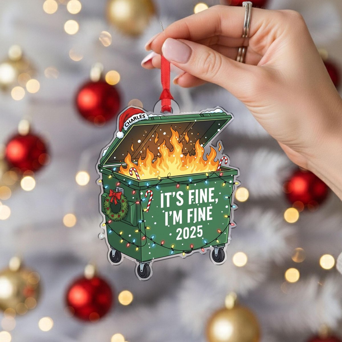 Funny Dumpster Fire Ornament 2025 Personalized Christmas Tree Decoration