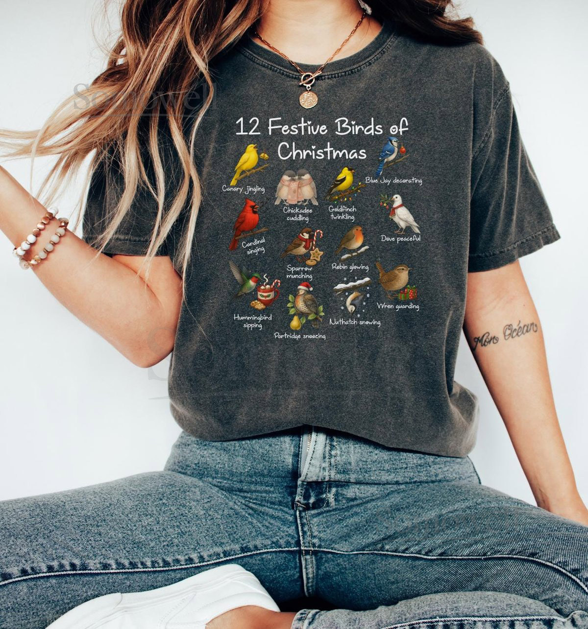 12 Festive Birds of Christmas Shirt Cute Bird Lover Holiday Tee Cardinal Blue Jay Robin Illustration 12 Days Gift T-Shirt B171_1