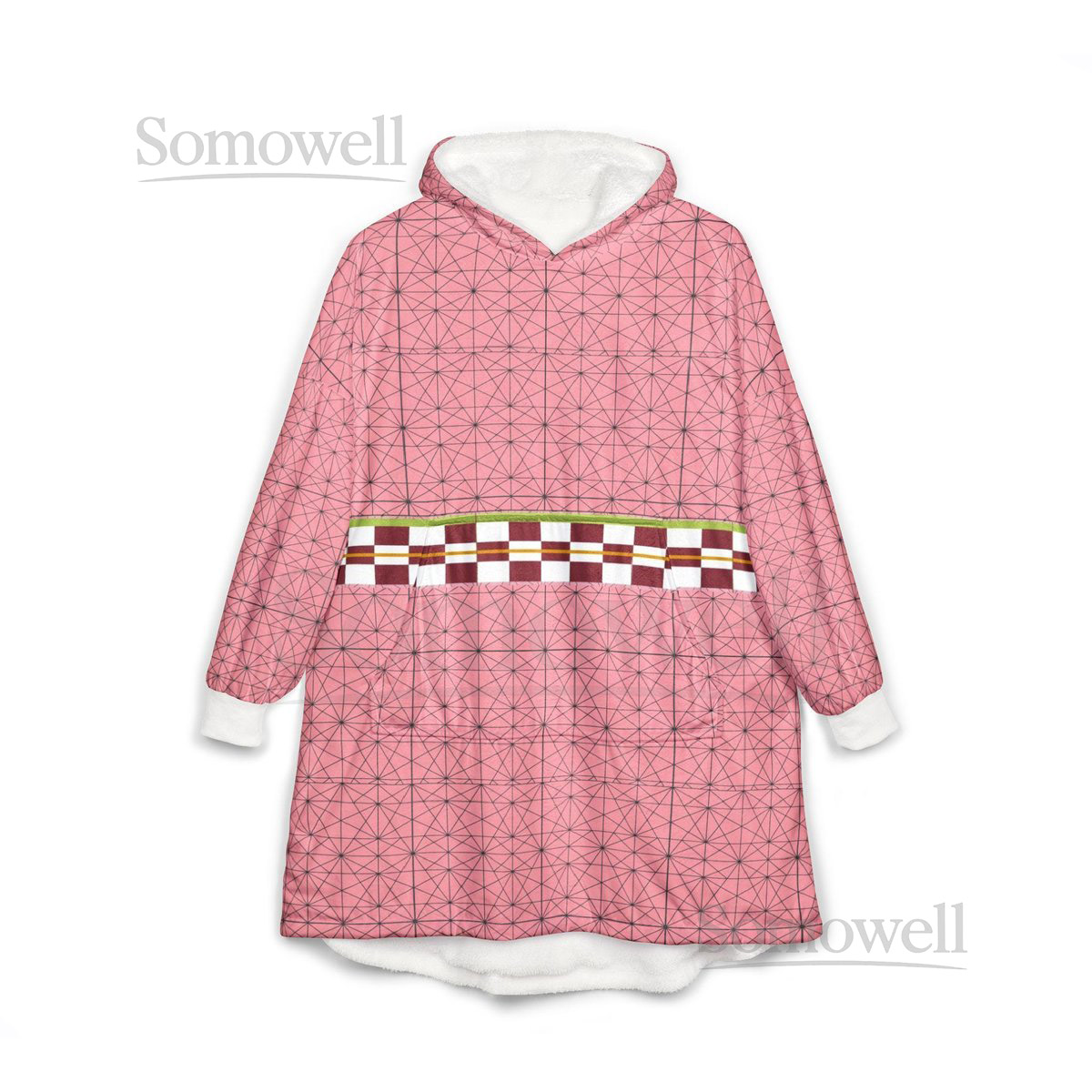 Anime Hooded Fleece Blanket Hoodie Pink Checkered Bamboo Pattern Cozy Wearable for Otaku Fans Teens and Adults Unisex_3